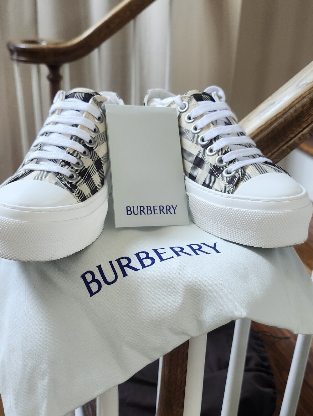 Womens Burberry White and Beige Check Platform Sneakers